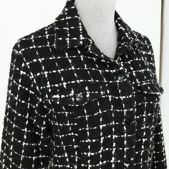 Chicos Jacket 1 Womens 8 Medium Black White Plaid Tweed Blazer Front Pockets - Picture 7 of 16